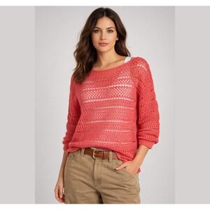 Open Knit Pink Coral Y2K Crochet Sweater S 3/4 Sleeve Boho Layering Cottage Lace